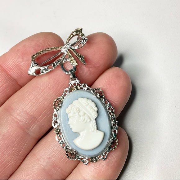 Vintage Art Deco Sterling Silver Cameo Bow Brooch Pin - Picture 8 of 8